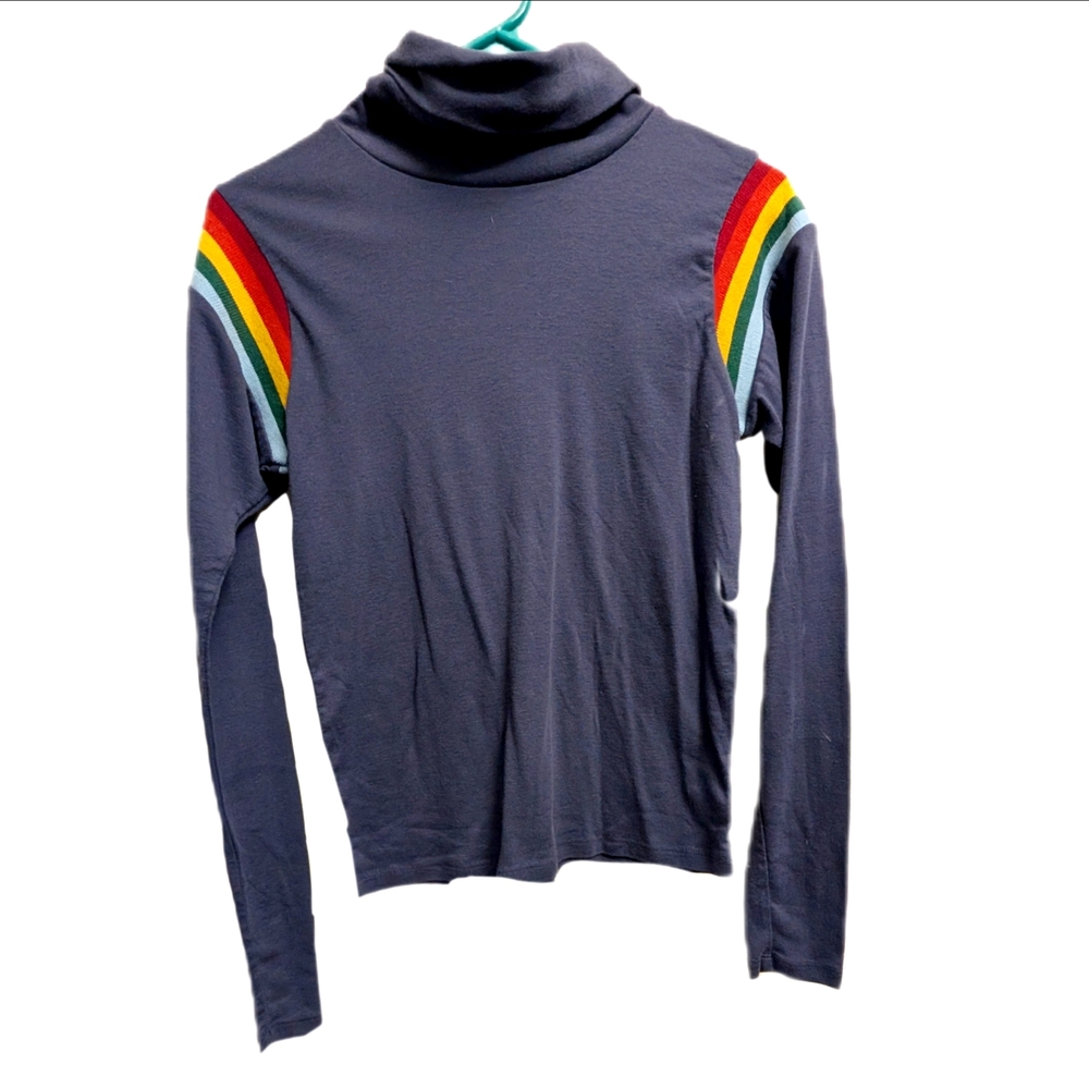 Modcloth Gray Long Sleeve Top with Rainbow Stripes